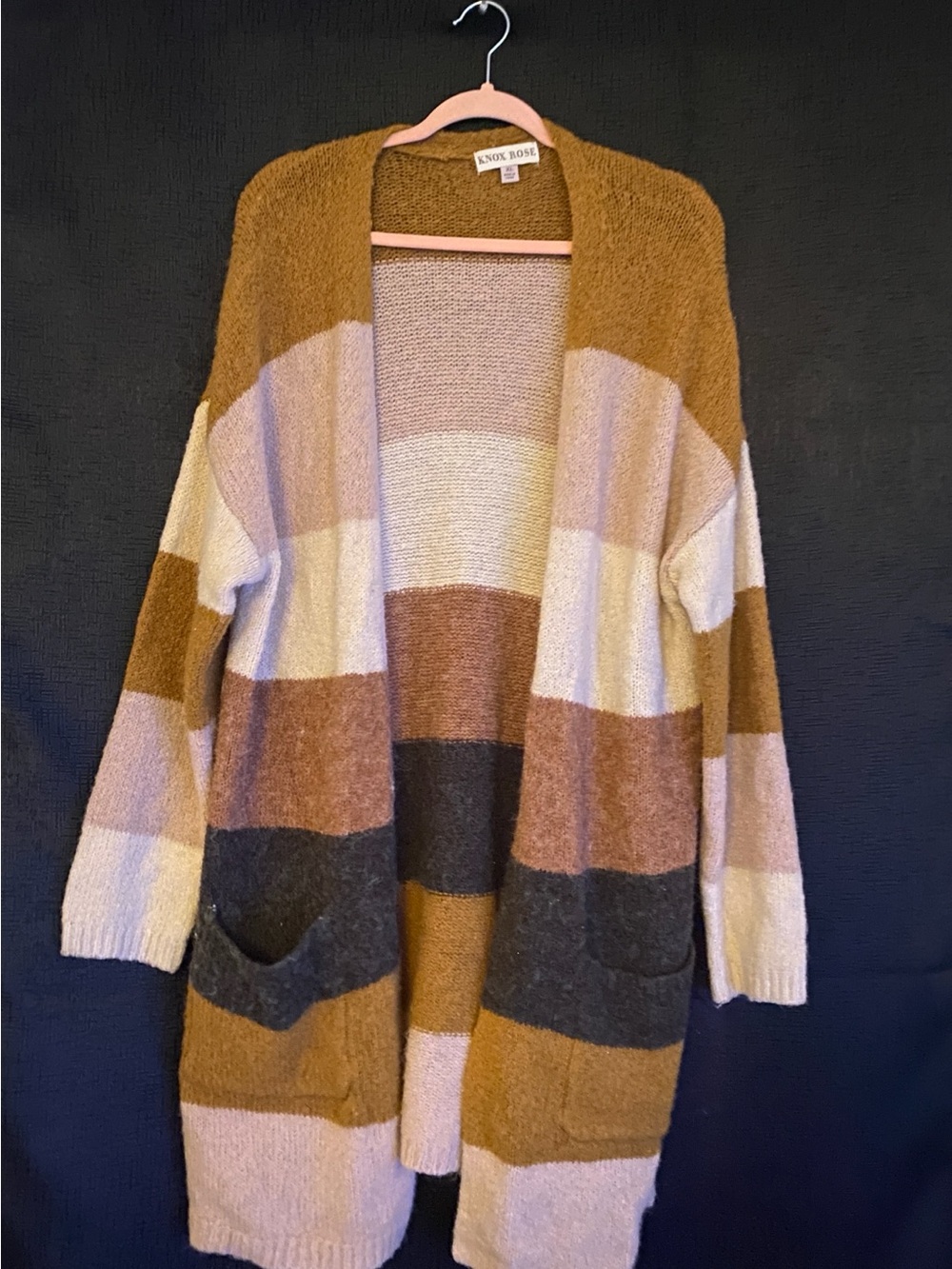 Knox Rose - Women's Striped Open Front Cardigan Sweater - Camel/Pink/Gray sz XL